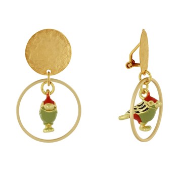Boucles d'Oreilles Clip Laiton Mat Pastille Brossée Anneau et Oiseau Coloré