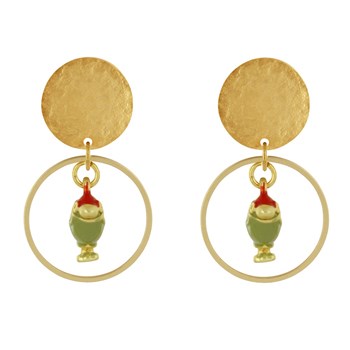 Boucles d'Oreilles Clip Laiton Mat Pastille Brossée Anneau et Oiseau Coloré