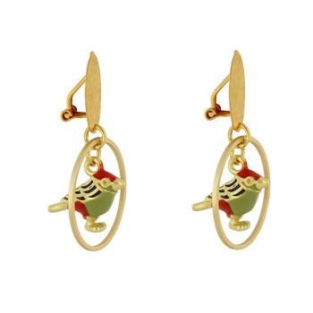 Boucles d'Oreilles Clip Laiton Mat Pastille Brossée Anneau et Oiseau Coloré