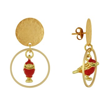 Boucles d'Oreilles Clous Laiton Mat Pastille Brossée Anneau et Oiseau Coloré
