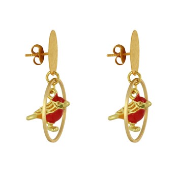 Boucles d'Oreilles Clous Laiton Mat Pastille Brossée Anneau et Oiseau Coloré