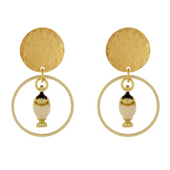 Boucles d'Oreilles Clous Laiton Mat Pastille Brossée Anneau et Oiseau Coloré