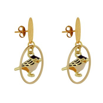 Boucles d'Oreilles Clous Laiton Mat Pastille Brossée Anneau et Oiseau Coloré