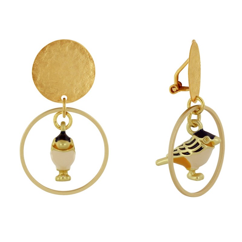 Boucles d'Oreilles Clip Laiton Mat Pastille Brossée Anneau et Oiseau Coloré