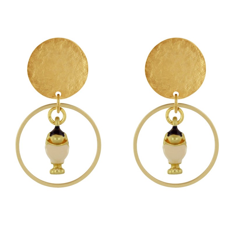 Boucles d'Oreilles Clip Laiton Mat Pastille Brossée Anneau et Oiseau Coloré - vue 2
