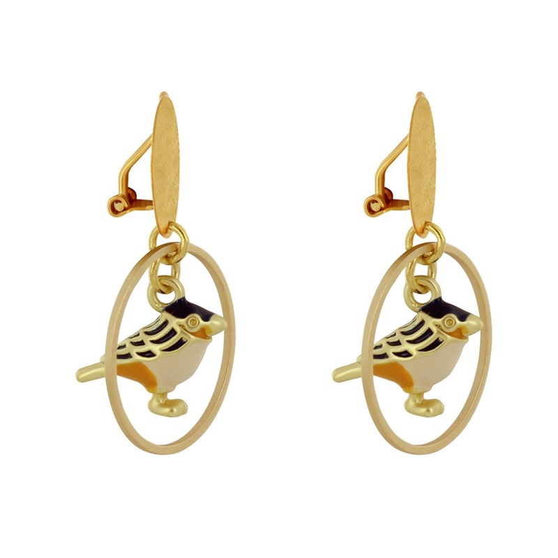 Boucles d'Oreilles Clip Laiton Mat Pastille Brossée Anneau et Oiseau Coloré - vue 3