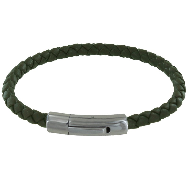 Bracelet Homme Cuir Simple Tréssé Rond 19cm - Vert