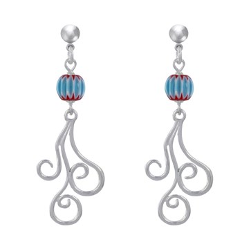 Boucles d'Oreilles Clous Métal Argenté Perles Striées et Arabesques