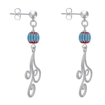 Boucles d'Oreilles Clous Métal Argenté Perles Striées et Arabesques