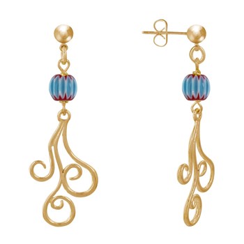 Boucles d'Oreilles Clous Métal Doré Perles Striées et Arabesques