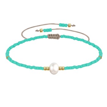 Bracelet Lien Perle d'Eau Douce Blanche et Petites Perles Mates - Vert d'Eau