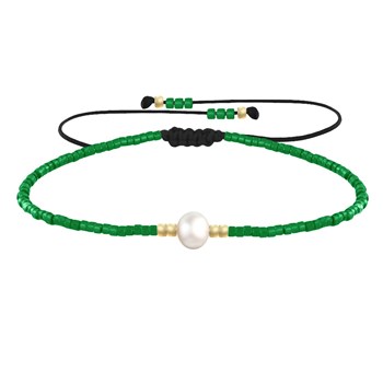 Bracelet Lien Perle d'Eau Douce Blanche et Petites Perles Brillantes - Vert Foncé