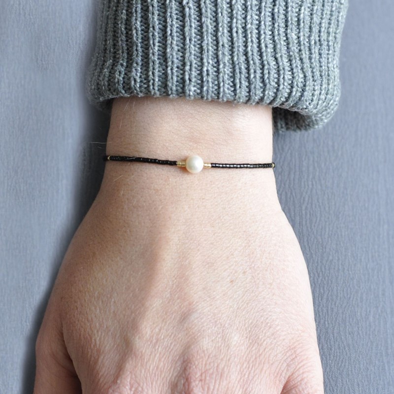 Bracelet Lien Perle d'Eau Douce Blanche et Petites Perles Brillantes - Vert Foncé - vue 4