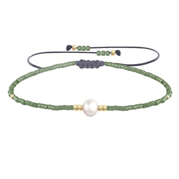 Bracelet Lien Perle d'Eau Douce Blanche et Petites Perles Brillantes - Vert kaki