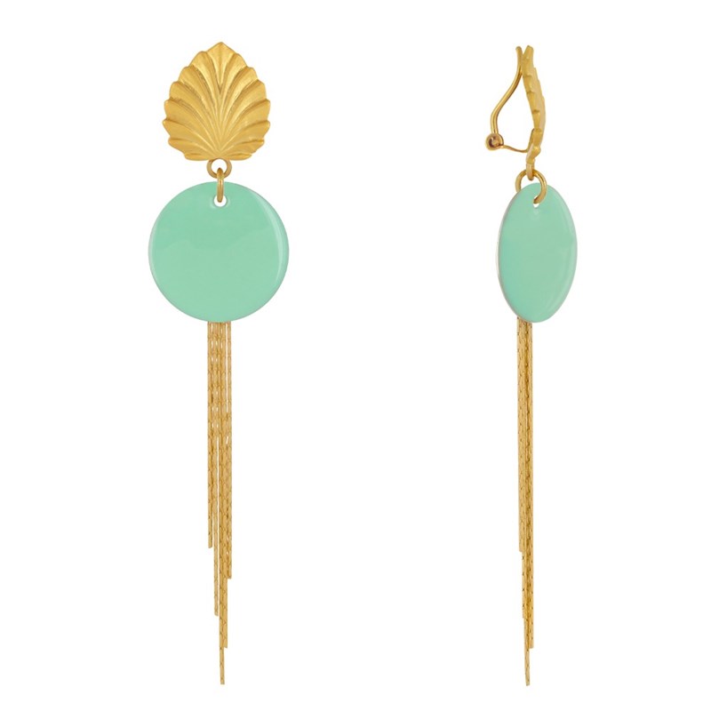 Boucles d'Oreilles Clip Laiton Feuille Pastille Émaillée et Fils Pendants