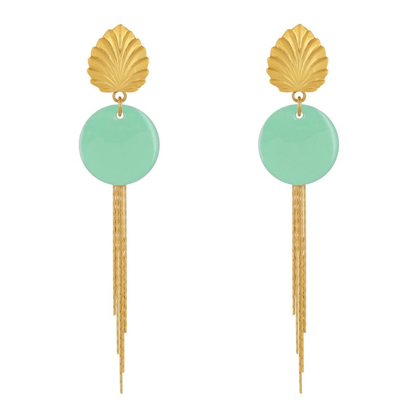 Boucles d'Oreilles Clip Laiton Feuille Pastille Émaillée et Fils Pendants - vue 2