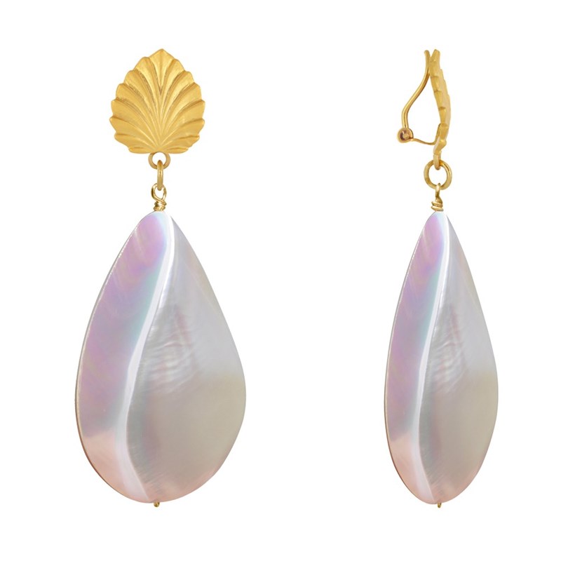 Boucles d'Oreilles Clip Laiton Feuille et Grande Goutte de Nacre