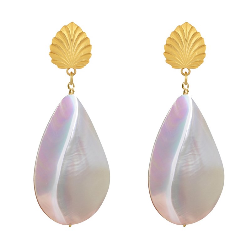 Boucles d'Oreilles Clip Laiton Feuille et Grande Goutte de Nacre - vue 2