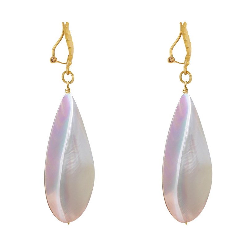 Boucles d'Oreilles Clip Laiton Feuille et Grande Goutte de Nacre - vue 3