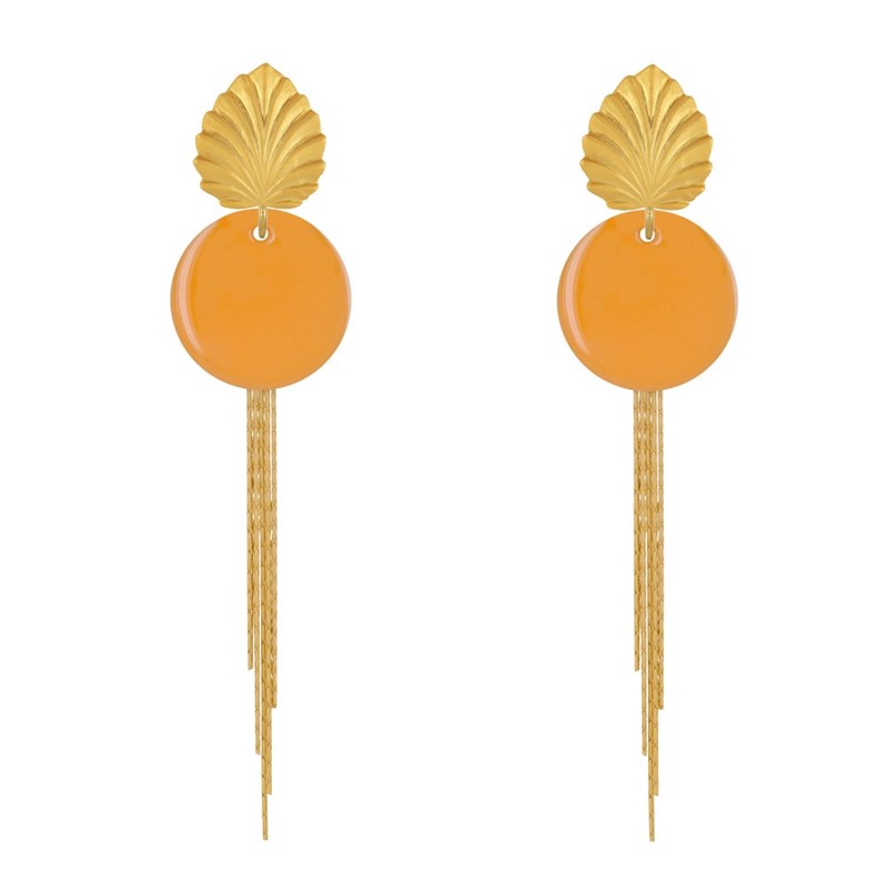 Boucles d'Oreilles Clous Laiton Feuille Pastille Émaillée et Fils Pendants - vue 2