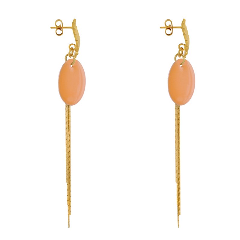 Boucles d'Oreilles Clous Laiton Feuille Pastille Émaillée et Fils Pendants - vue 3