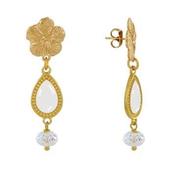 Geëmailleerde Bloem Druppel en Gefacetteerde Parel Stud Oorbellen in Goudmetaal