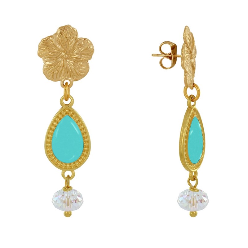 Boucles d'Oreilles Clous Métal Doré Fleur Goutte Émaillée et Perle Facettée