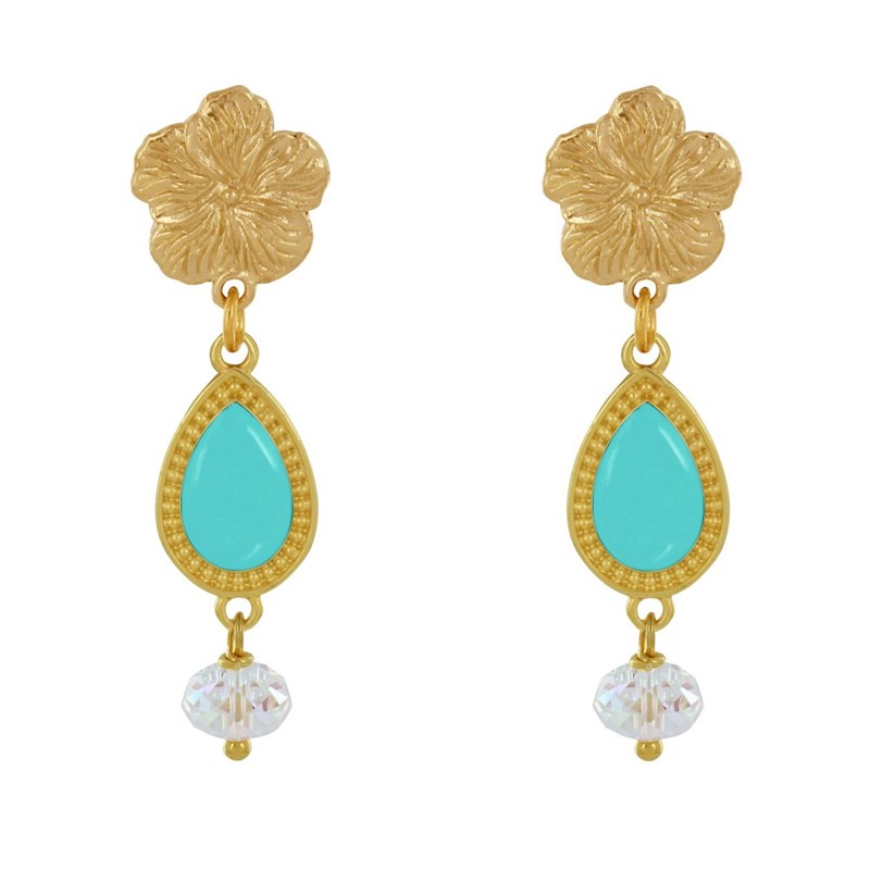 Boucles d'Oreilles Clous Métal Doré Fleur Goutte Émaillée et Perle Facettée - vue 2
