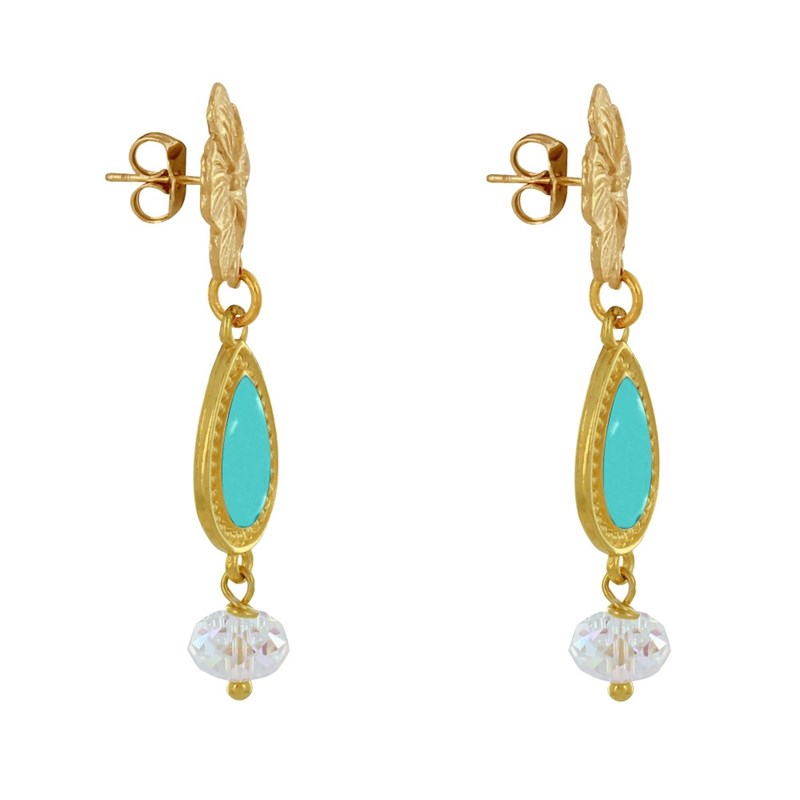 Boucles d'Oreilles Clous Métal Doré Fleur Goutte Émaillée et Perle Facettée - vue 3