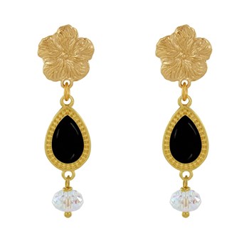 Geëmailleerde Bloem Druppel en Gefacetteerde Parel Stud Oorbellen in Goudmetaal