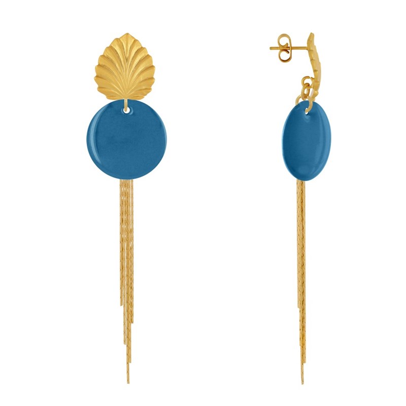 Boucles d'Oreilles Clous Laiton Feuille Pastille Émaillée et Fils Pendants