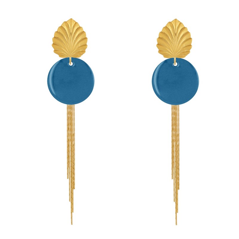 Boucles d'Oreilles Clous Laiton Feuille Pastille Émaillée et Fils Pendants - vue 2