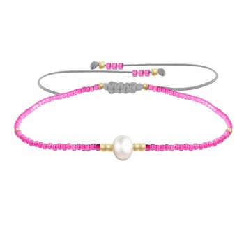 Bracelet Lien Perle d'Eau Douce Blanche et Petites Perles Brillantes - Rose Fluo