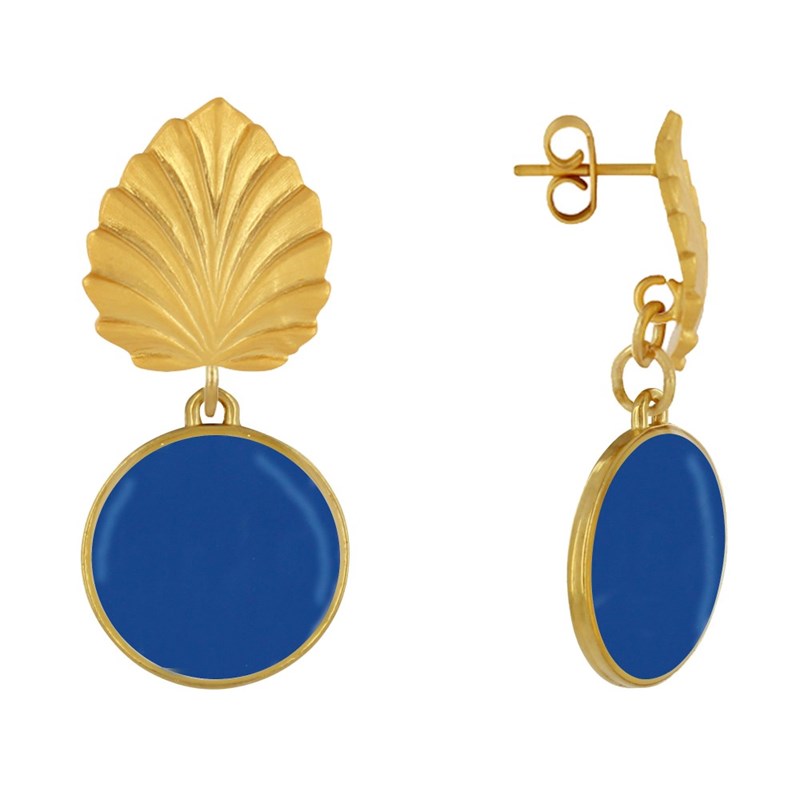 Boucles d'Oreilles Clous Laiton Feuille et Disque Émaillé