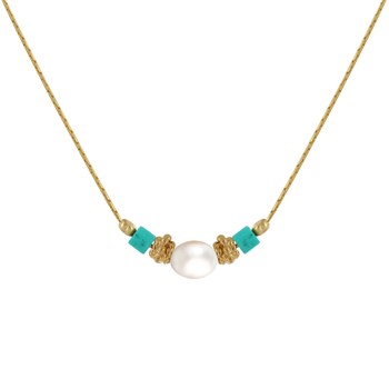 Collier Gold Filled Perle de Culture Blanche Perles Plaqué Or et de Turquoise