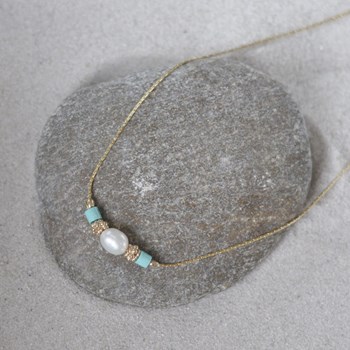 Collier Gold Filled Perle de Culture Blanche Perles Plaqué Or et de Turquoise