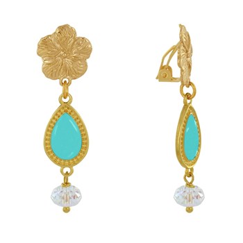 Geëmailleerde Bloem Druppel en Gefacetteerde Parel Goud Metalen Clip Oorbellen