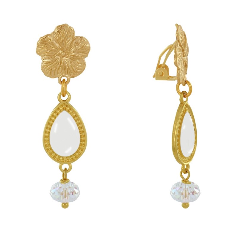 Boucles d'Oreilles Clip Métal Doré Fleur Goutte Émaillée et Perle Facettée