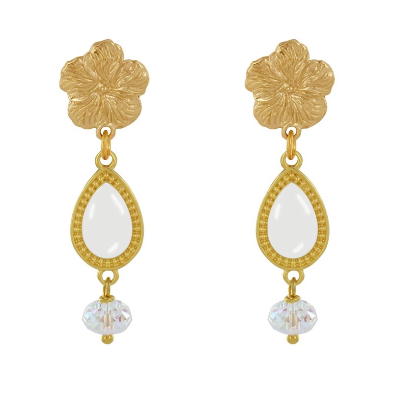 Boucles d'Oreilles Clip Métal Doré Fleur Goutte Émaillée et Perle Facettée - vue 2
