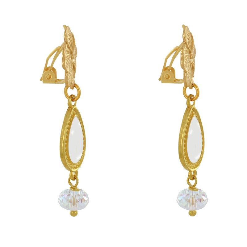 Boucles d'Oreilles Clip Métal Doré Fleur Goutte Émaillée et Perle Facettée - vue 3