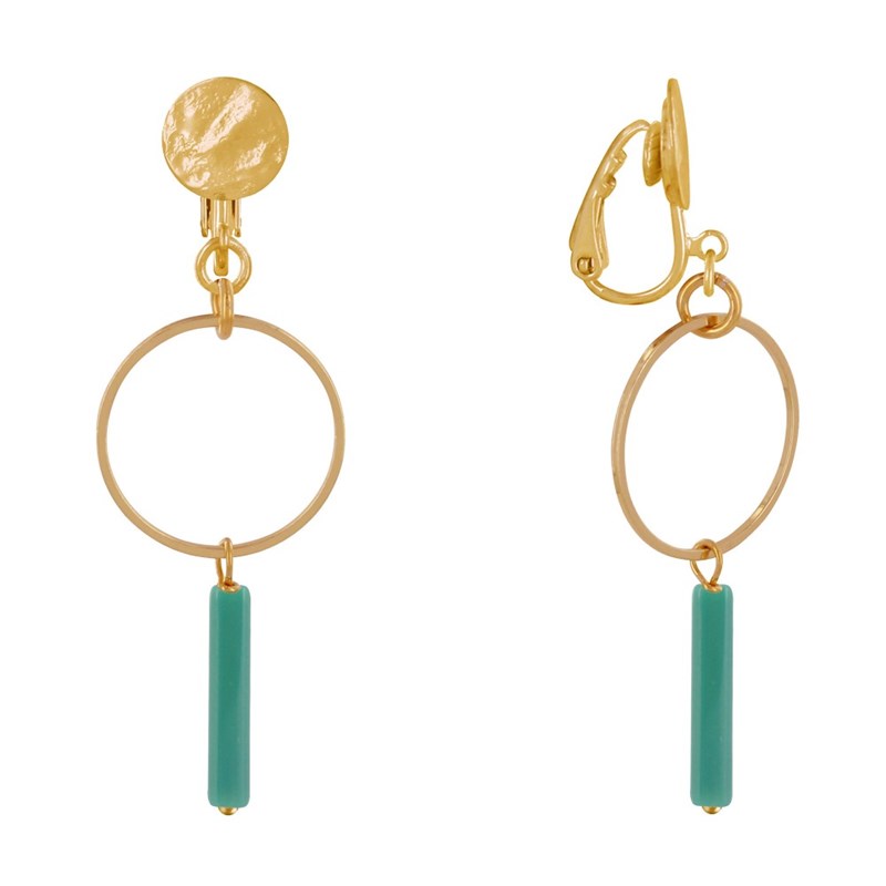 Boucles d'Oreilles Clip Doré Cercle et Perle Rectangulaire Brillante