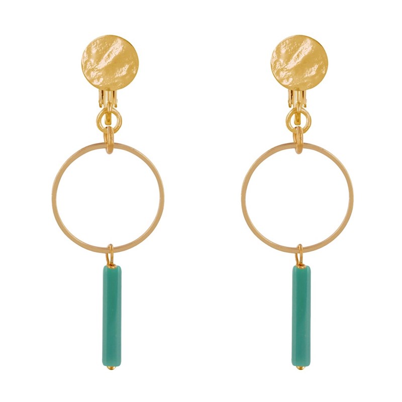 Boucles d'Oreilles Clip Doré Cercle et Perle Rectangulaire Brillante - vue 2