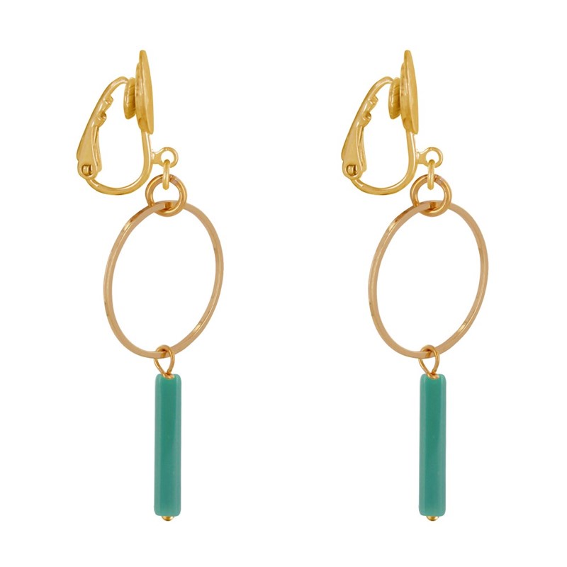 Boucles d'Oreilles Clip Doré Cercle et Perle Rectangulaire Brillante - vue 3