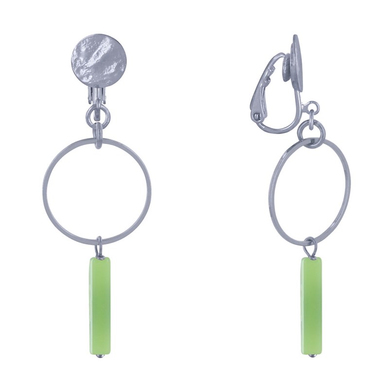 Boucles d'Oreilles Clip Argenté Cercle et Perle Rectangulaire Brillante