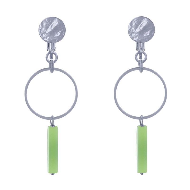 Boucles d'Oreilles Clip Argenté Cercle et Perle Rectangulaire Brillante - vue 2