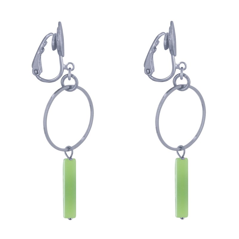Boucles d'Oreilles Clip Argenté Cercle et Perle Rectangulaire Brillante - vue 3