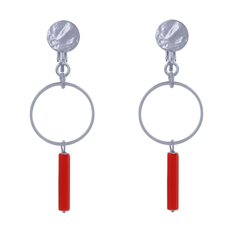 Boucles d'Oreilles Clip Argenté Cercle et Perle Rectangulaire Brillante - vue 2