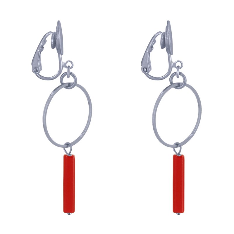 Boucles d'Oreilles Clip Argenté Cercle et Perle Rectangulaire Brillante - vue 3