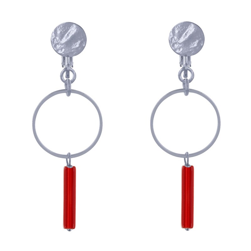 Boucles d'Oreilles Clip Argenté Cercle et Perle Rectangulaire Brillante - vue 2