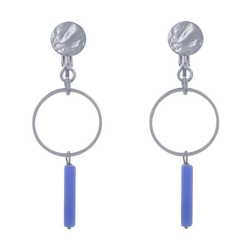 Boucles d'Oreilles Clip Argenté Cercle et Perle Rectangulaire Brillante - vue 2